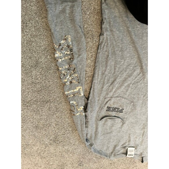 PINK Victoria Secret gray tshirt with black and silver bling‎ LOGO sequins - Picture 5 of 5